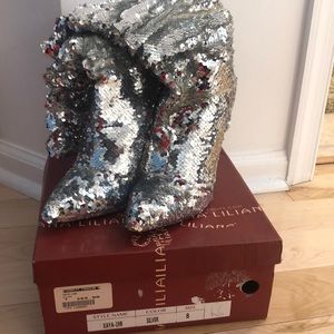 Silver Sequins mid-calf boots, Height of the heel is 4 inches.